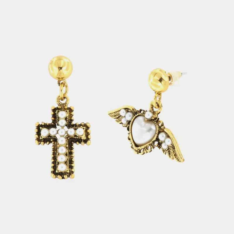 Orecchini in Metallo croce e cuore pendenti, brunite, arricchite da perline