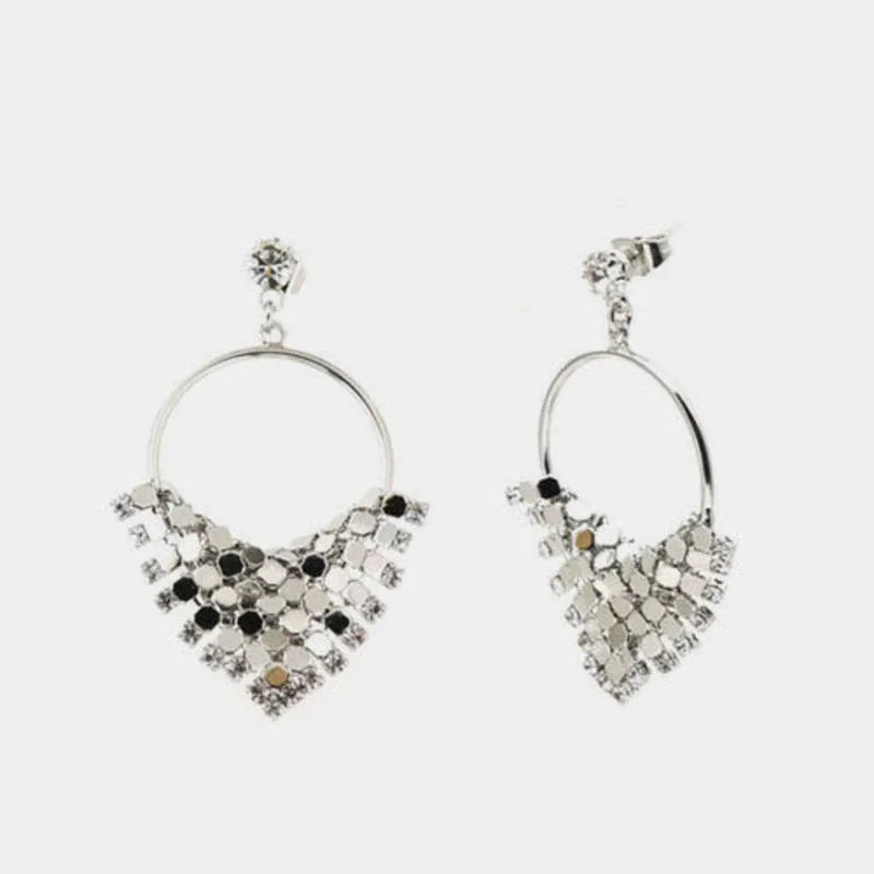 Hoop metal earrings with a dangling triangle embellished with luminous crystals