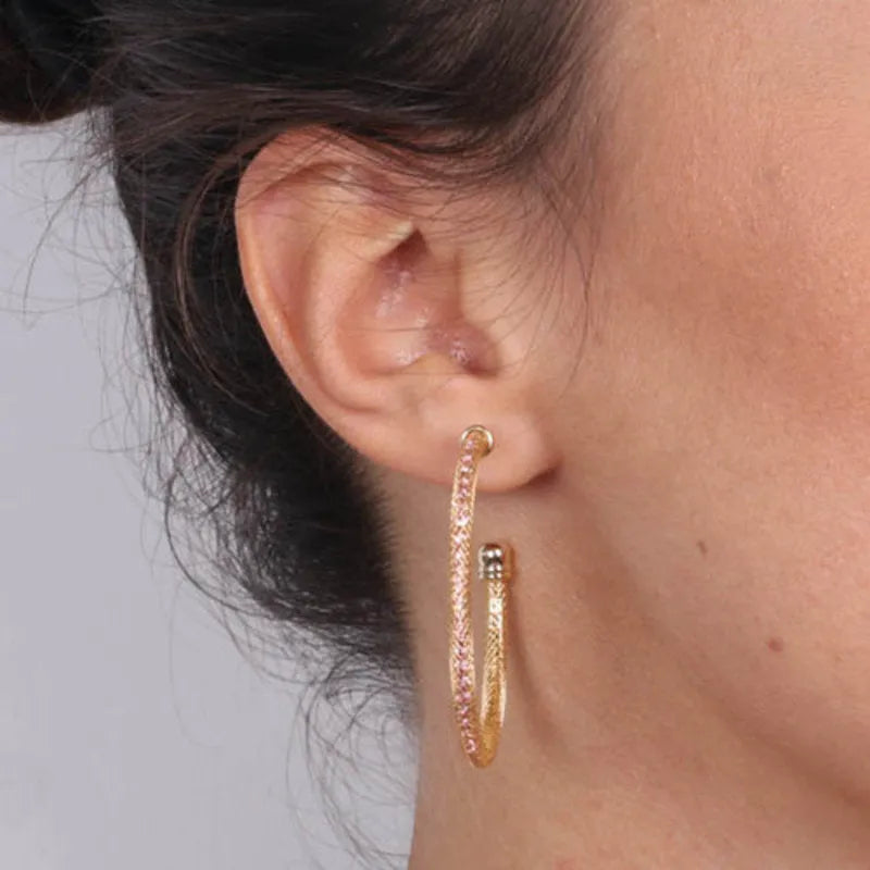 Metal Hoop Earrings with Pink Crystals