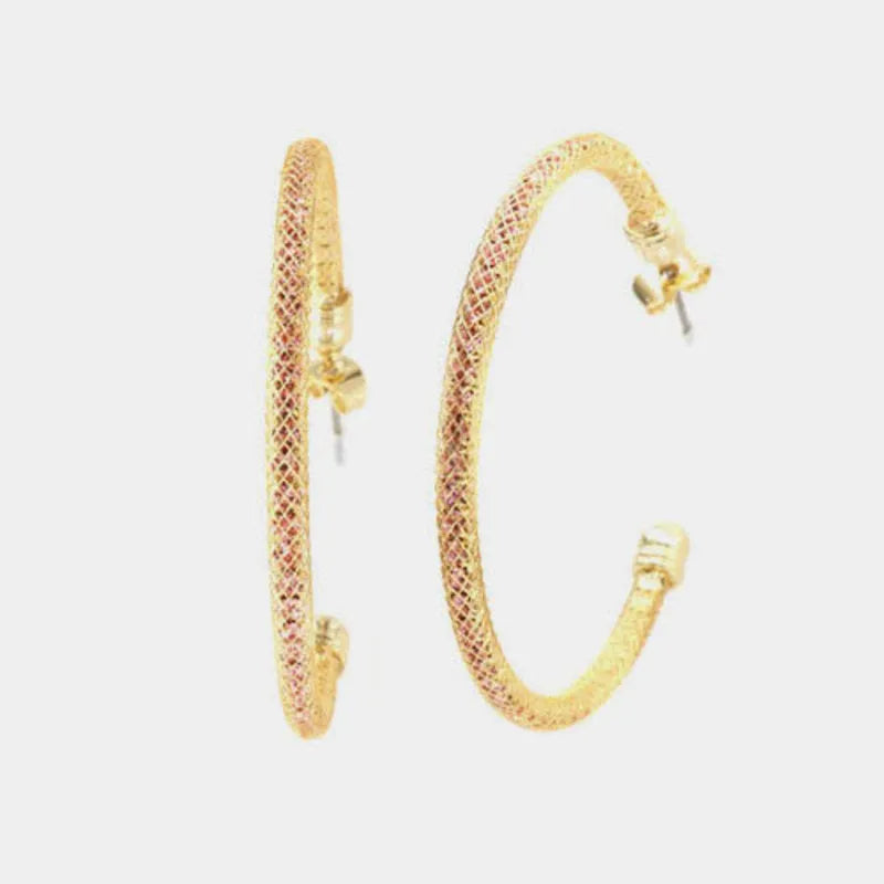 Metal Hoop Earrings with Pink Crystals