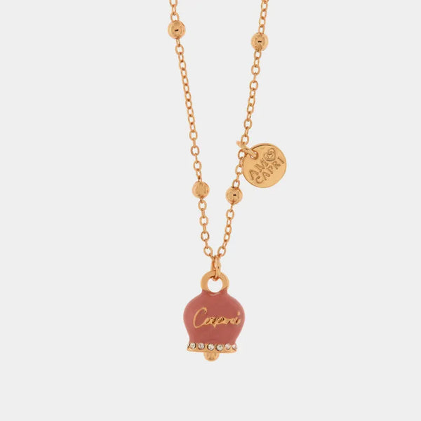 Collana in Metallo con campanella portafortuna pendente impreziosita da smalto rosa e cristalli - BYSIMON gioielli