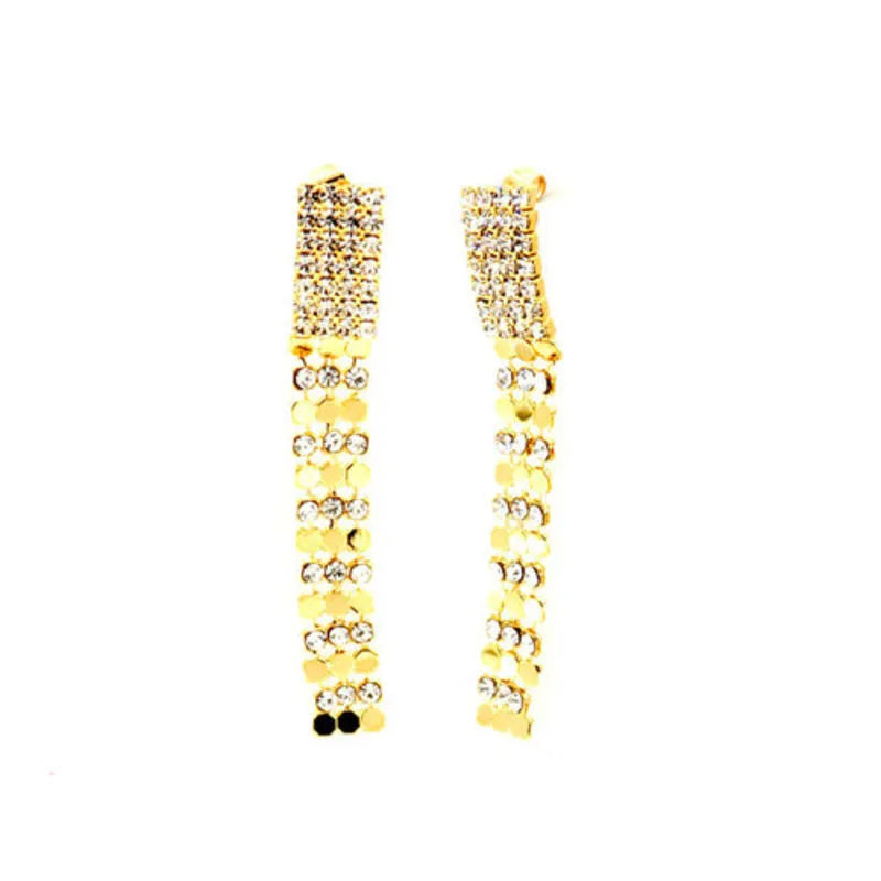 Long, multi-strand metal earrings, embellished with white crystals