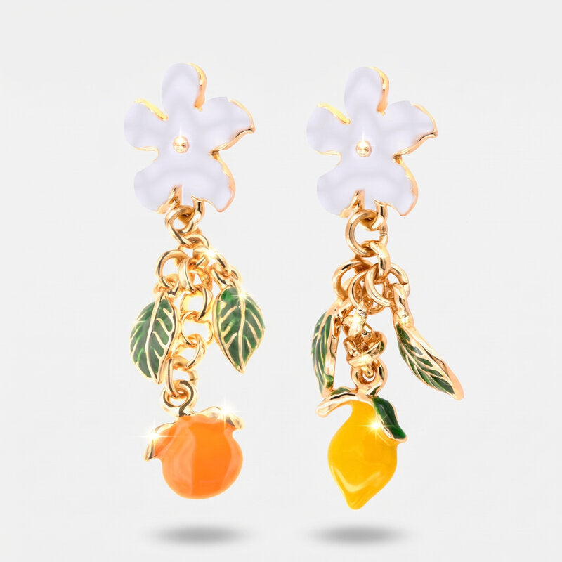 Orecchini in Metallo pendenti, con fiori ed agrumi di Sicilia impreziositi da smalti colorati - BYSIMON gioielli