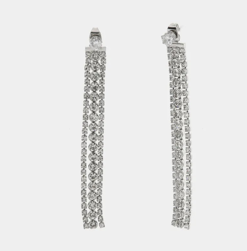 Metal pendant earrings with three strands of crystals and light point closure