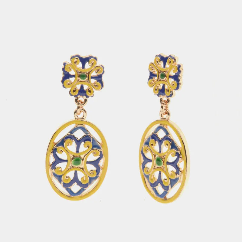 Orecchini in Metallo con maiolica a fiore smaltata blu e giallo