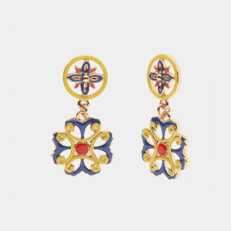 Orecchini in Metallo con maiolica a fiore smaltata blu giallo e rosso - BYSIMON gioielli