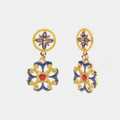 Orecchini in Metallo con maiolica a fiore smaltata blu giallo e rosso - BYSIMON gioielli