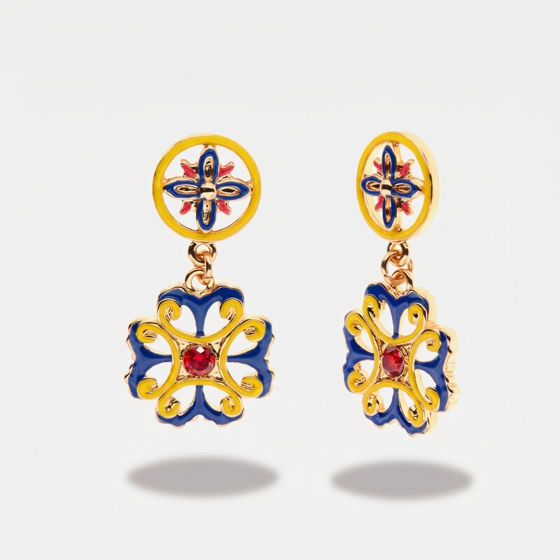 Orecchini in Metallo con maiolica a fiore smaltata blu giallo e rosso - BYSIMON gioielli