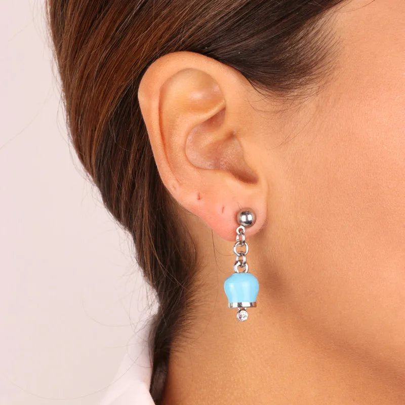 Metal earrings with pendant lucky bells, embellished with a light point