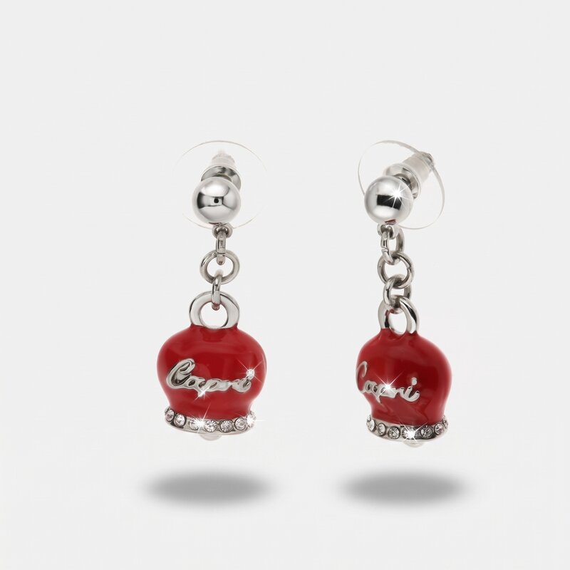 Orecchini in Metallo con campanella capri pendente in smalto rosso, impreziosita da cristalli