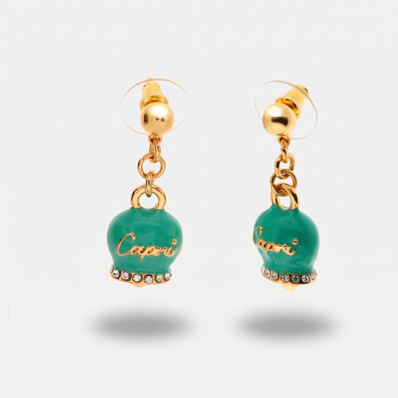 Orecchini in Metallo con campanella capri pendente in smalto verde acqua, impreziosita da cristalli