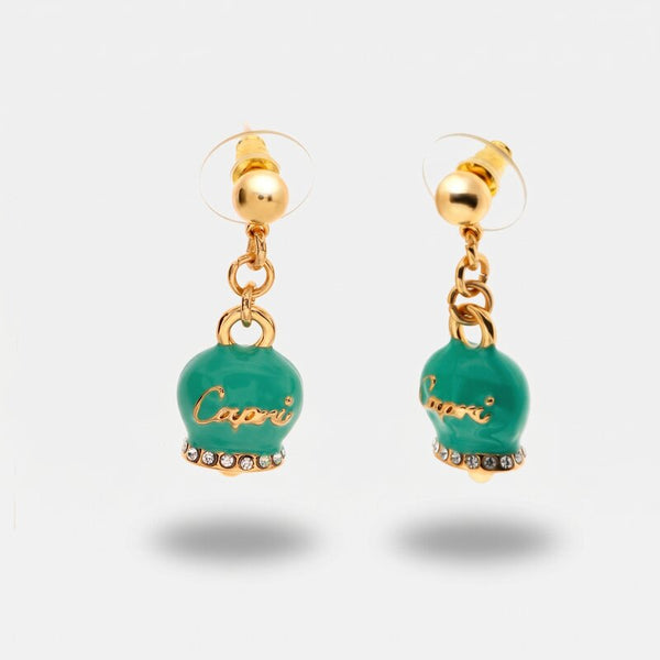 Orecchini in Metallo con campanella capri pendente in smalto verde acqua, impreziosita da cristalli