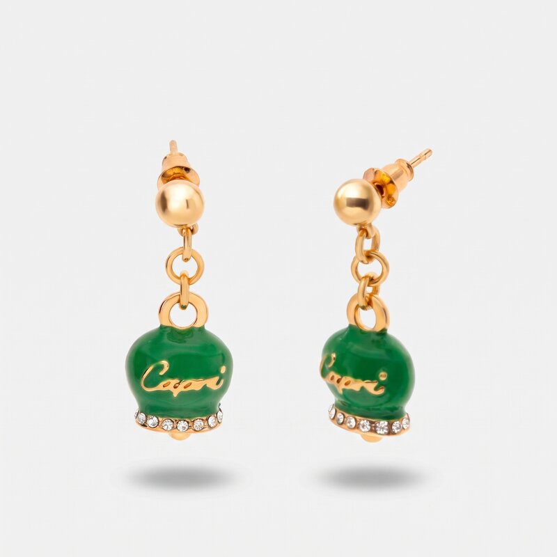 Orecchini in Metallo con campanella capri pendente in smalto verde, impreziosita da cristalli