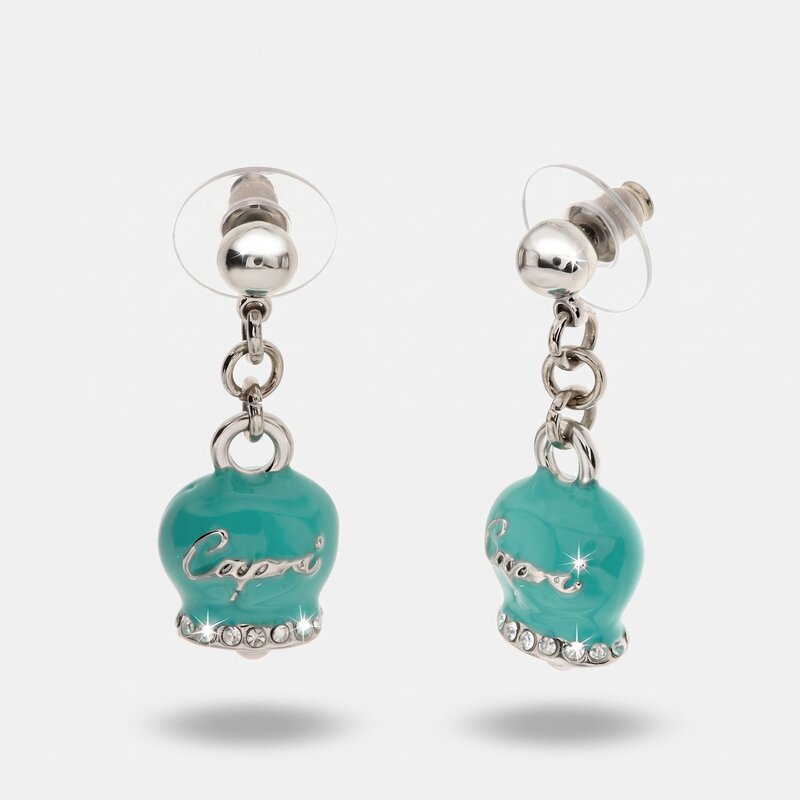 Orecchini in Metallo con campanella capri pendente in smalto verde marino, impreziosita da cristalli
