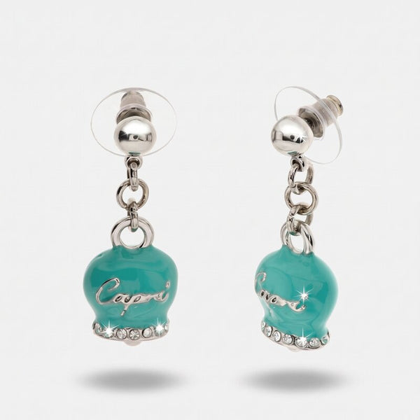 Orecchini in Metallo con campanella capri pendente in smalto verde marino, impreziosita da cristalli