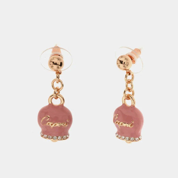 Orecchini in Metallo con campanella capri pendente in smalto rosa, impreziosita da cristalli - BYSIMON gioielli