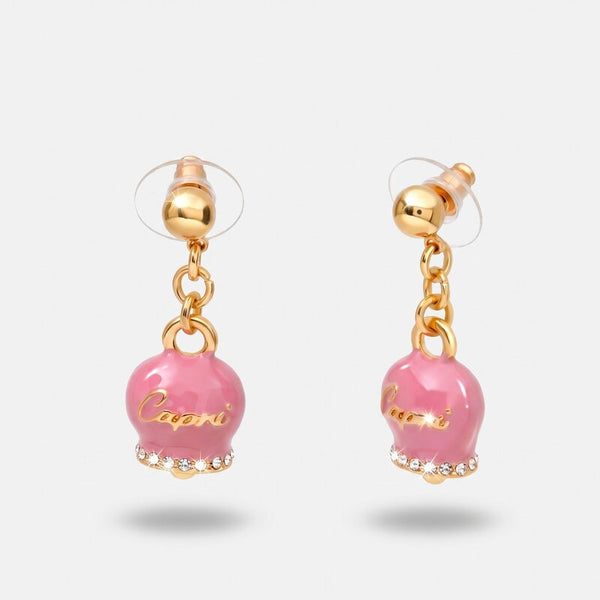Orecchini in Metallo con campanella capri pendente in smalto rosa, impreziosita da cristalli - BYSIMON gioielli