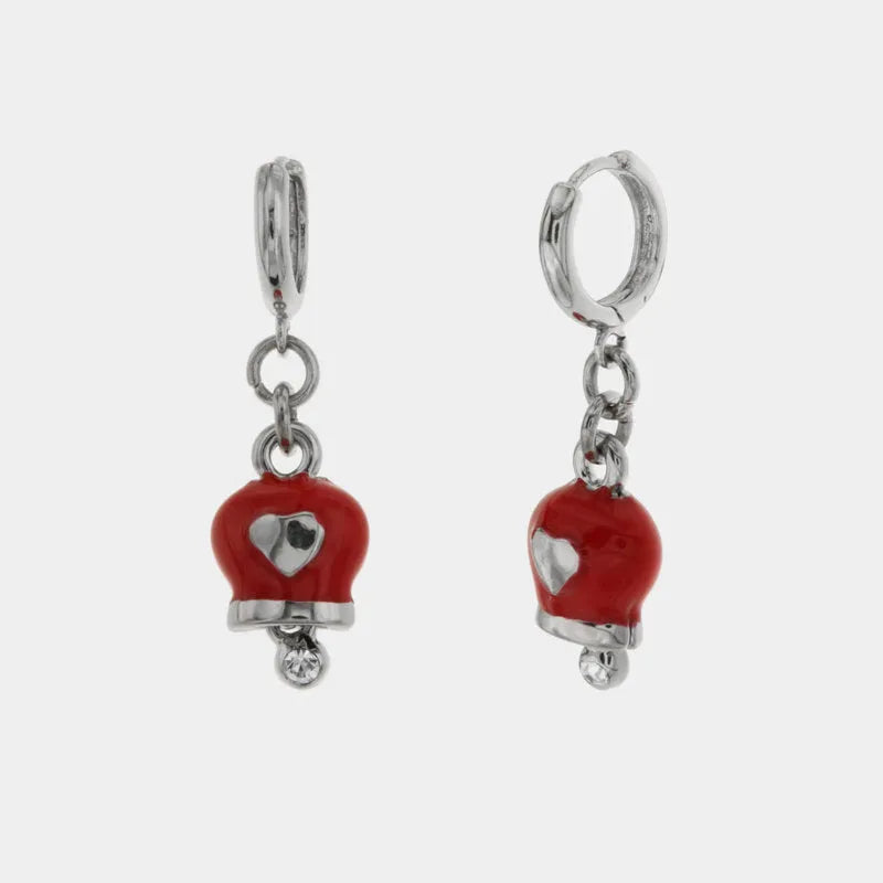Orecchini in Metallo con chiusura a scatto e campanella portafortuna rossa con cuore e cristalli bianchi - BYSIMON gioielli