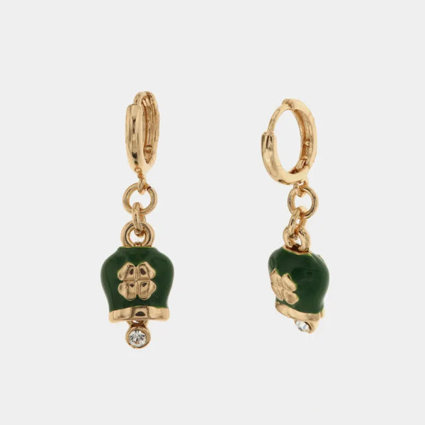 Orecchini in Metallo a cerchio con campanella portafortuna verde con quadrifoglio pendente - BYSIMON gioielli