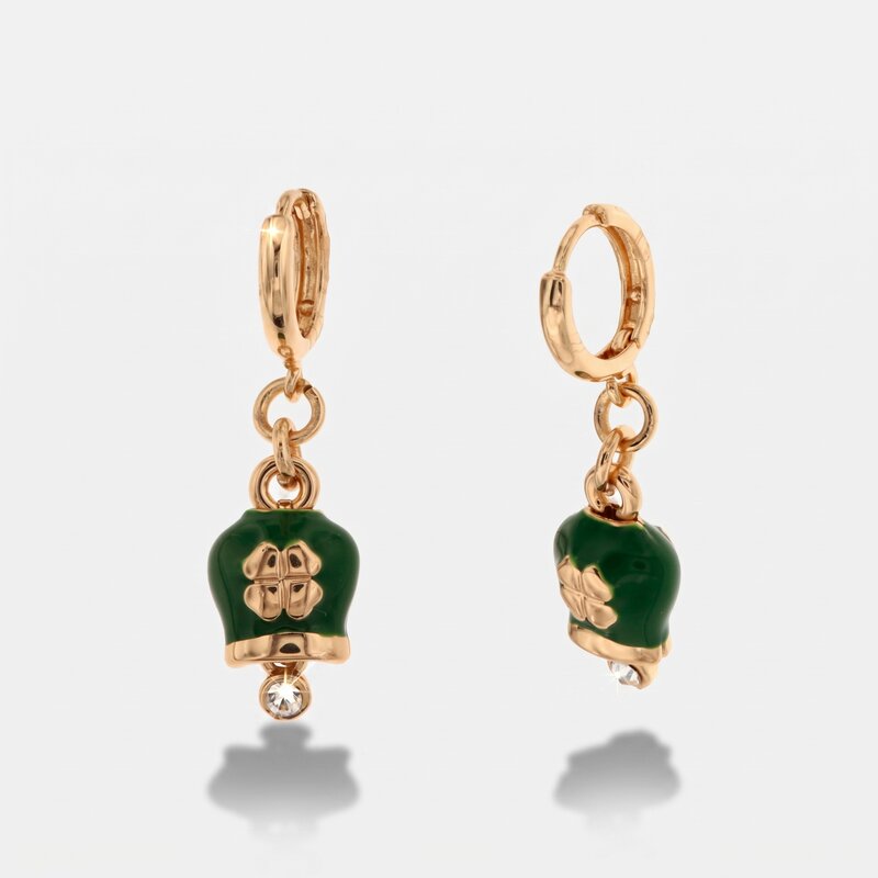 Orecchini in Metallo a cerchio con campanella portafortuna verde con quadrifoglio pendente - BYSIMON gioielli