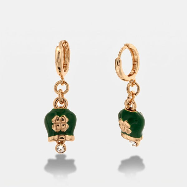 Orecchini in Metallo a cerchio con campanella portafortuna verde con quadrifoglio pendente - BYSIMON gioielli