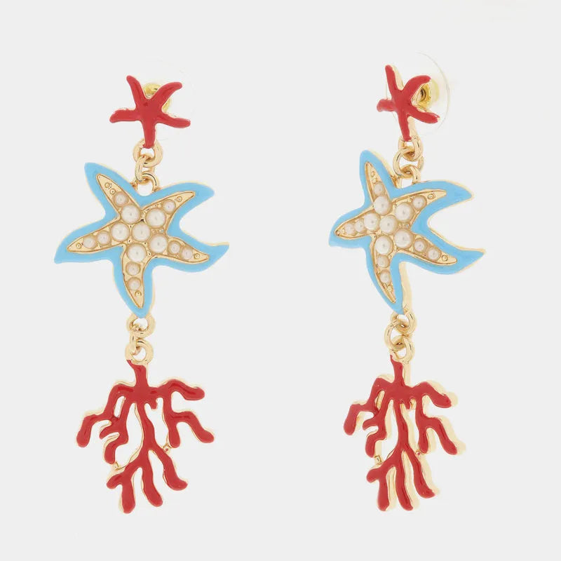 Metal earrings with starfish and corals