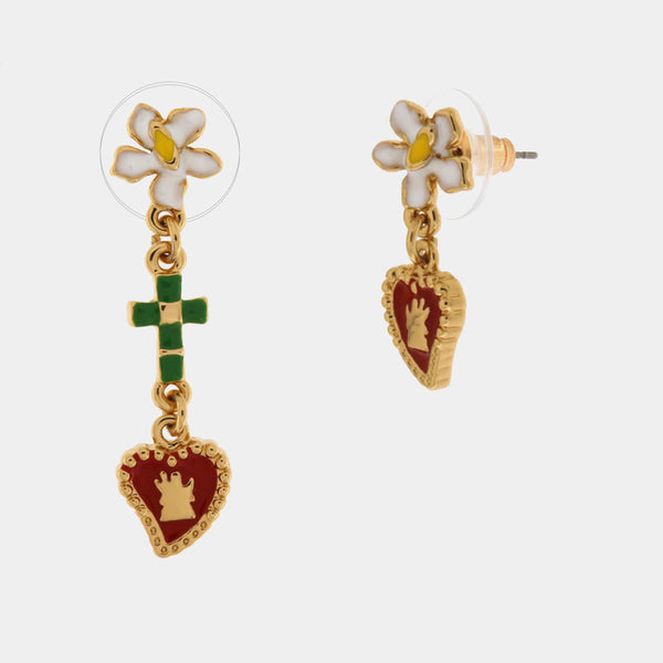 Orecchini in Metallo con cuore sacro, croce pendente e fiore a lobo - BYSIMON gioielli