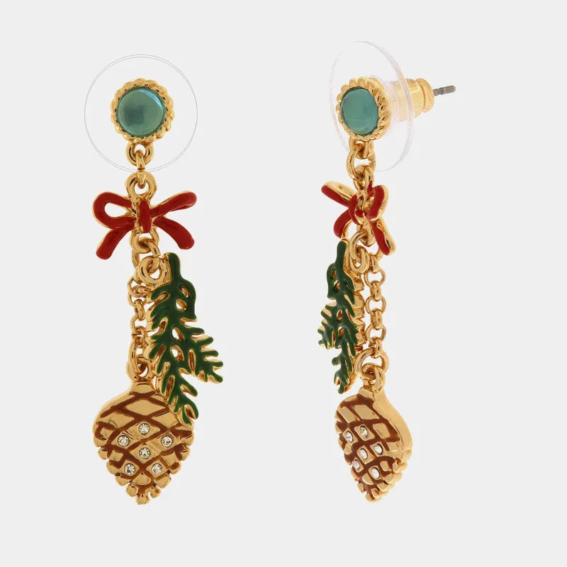 Metal earrings with pine cone and hanging bow