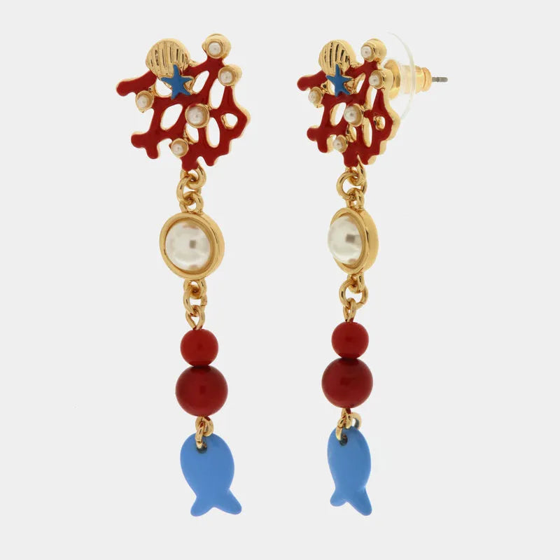 Metal earrings with coral lobes and colored pendants
