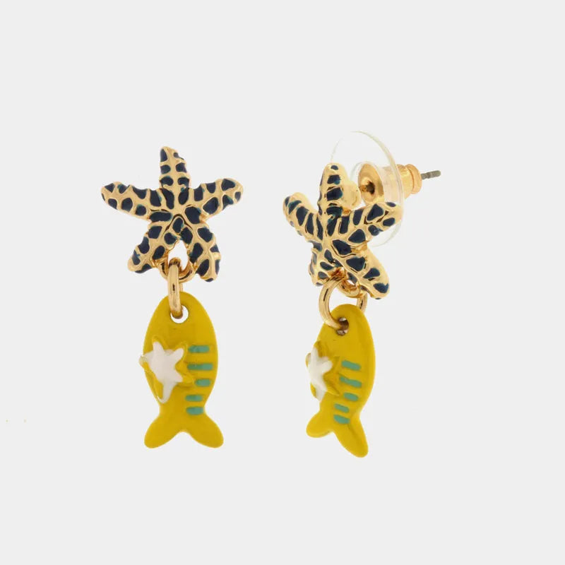 Metal earrings with pendant yellow fish and lobe starfish