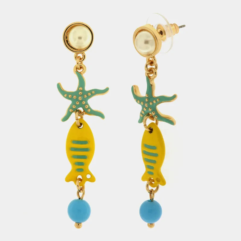 Metal earrings with pearl lobe and hanging starfish and fish