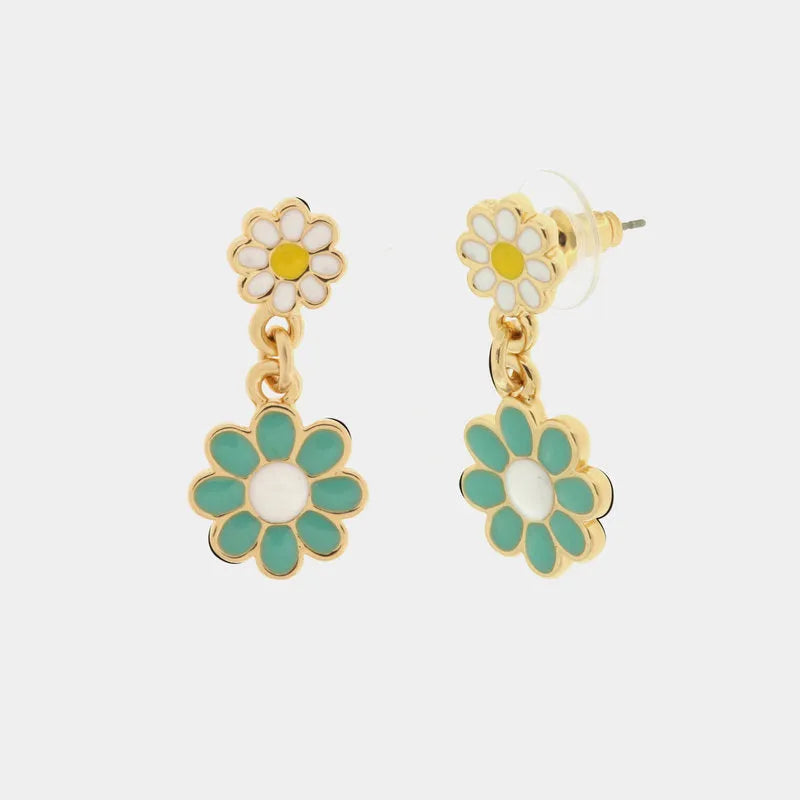 Metal earrings with hanging colored daisies