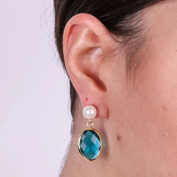 Orecchini in Metallo al lobo con perla e cristalli pendenti blu