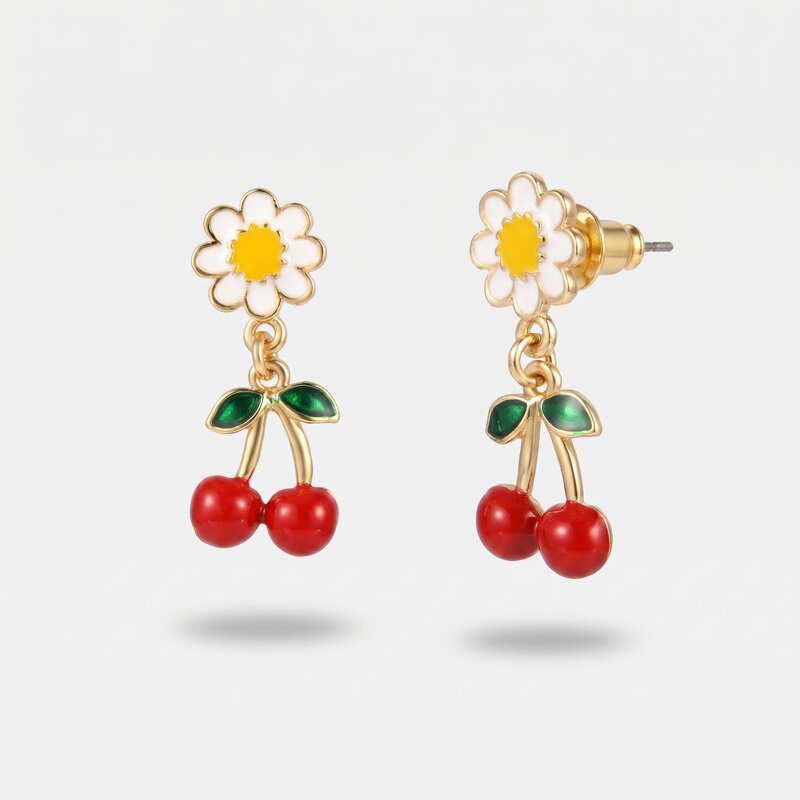 Orecchini in Metallo con margeherita al lobo e ciliegia pendente - BYSIMON gioielli