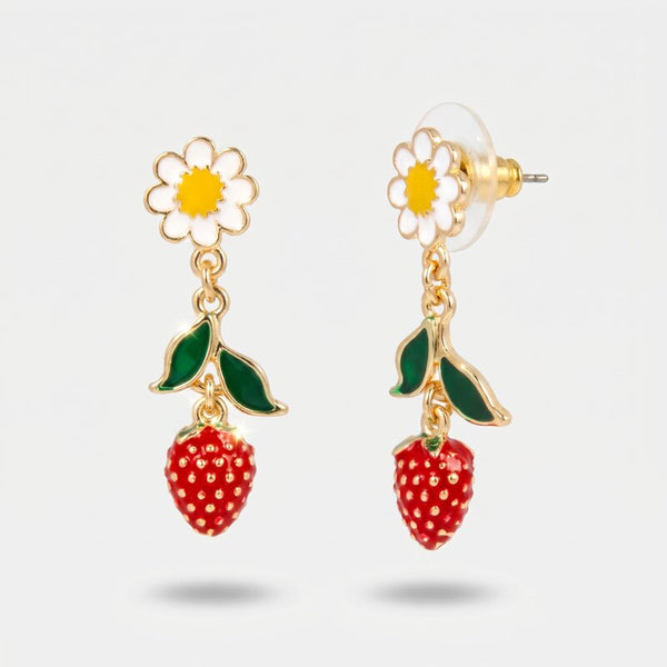 Orecchini in Metallo con marghetita al lobo e fragola pendente - BYSIMON gioielli