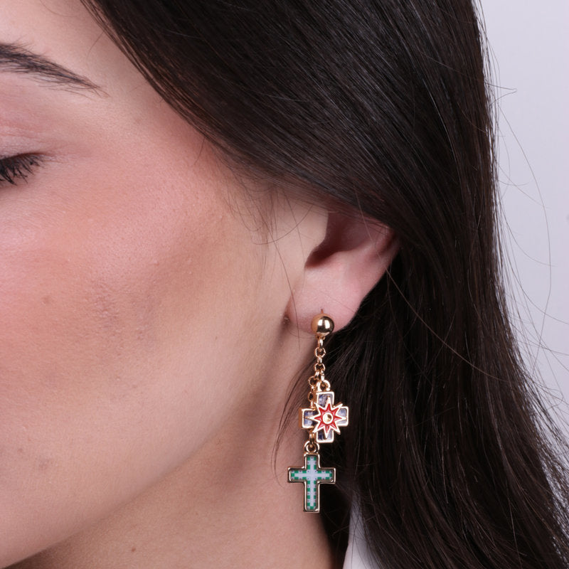 Metal earrings with pendant cross and colored majolica