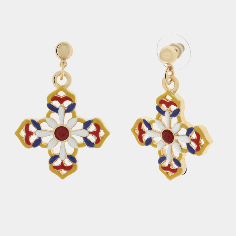 Metal earrings with hanging colored crosses