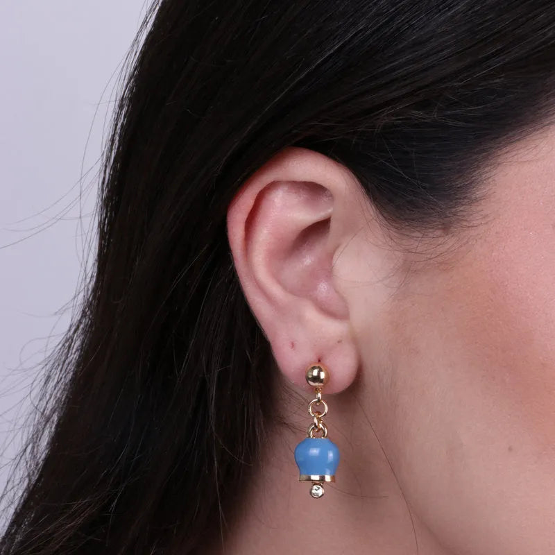 Metal earrings with hanging lucky bell, embellished with enamel and crystals