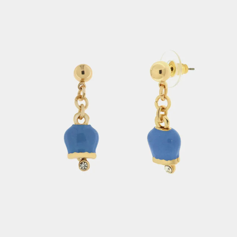Metal earrings with hanging lucky bell, embellished with enamel and crystals