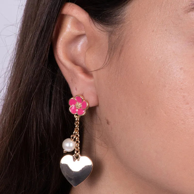 Metal earrings with pink lobe flower and pendant heart