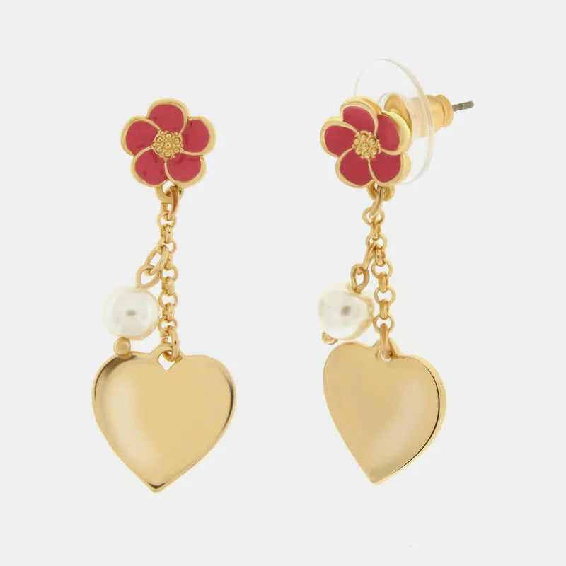 Metal earrings with pink lobe flower and pendant heart