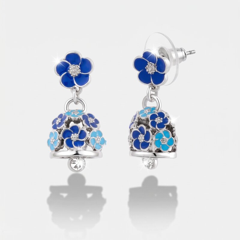 Orecchini in Metallo con campanella e fiori blu, azzurri e bianchi - BYSIMON gioielli