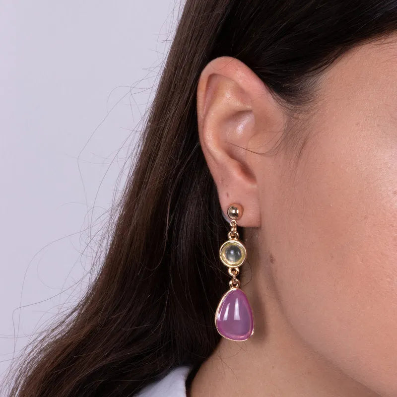 Metal earrings with purple drop-shaped crystals