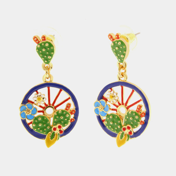 Orecchini in Metallo con ruota blu impreziosita da cactus, limoni e fiori - BYSIMON gioielli