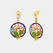 Orecchini in Metallo con ruota blu impreziosita da cactus, limoni e fiori