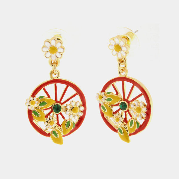 Orecchini in Metallo con ruota rossa impreziosita da limoni e fiori - BYSIMON gioielli