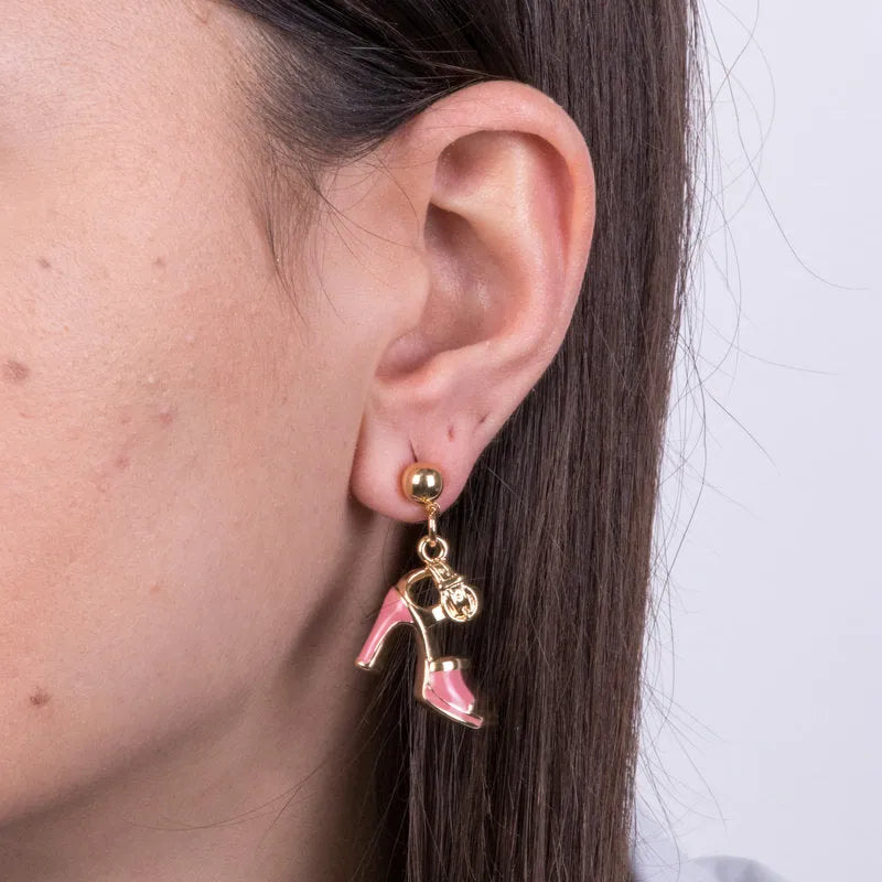 Metal earrings with pink shoe