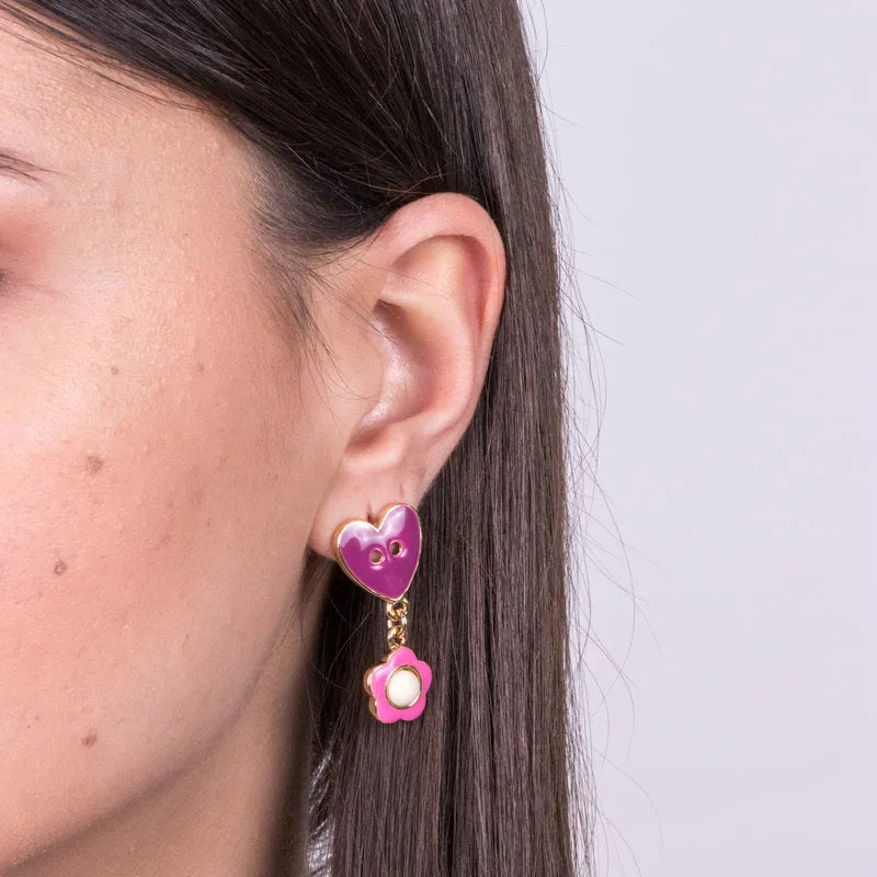 Metal earrings with purple heart and pink flower