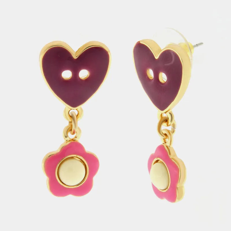 Metal earrings with purple heart and pink flower