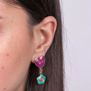 Orecchini in Metallo con cuore viola e fiore verde acqua